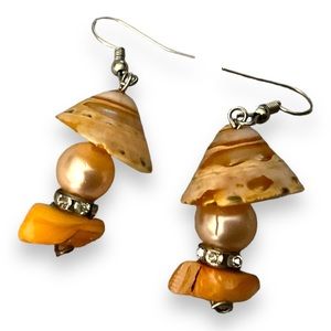 Conch Shell Calcite Stone Bead Pearl Mushroom-like Dangle Earrings SS earhooks